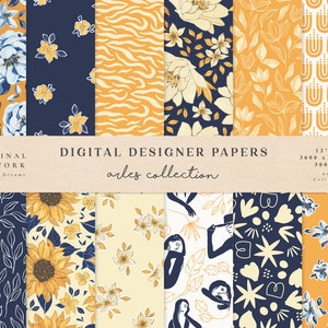 Arles Digital Paper - Scrapbook Papier - Nahtlose Muster - Digitaler Hintergrund - Druckbares Papier Set - Sonnenblumen Blumen Abstrakte Mode