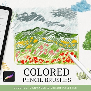 May include: An iPad displays a brush library with various pencil brush options. A colorful landscape illustration with green hills, red flowers, and a blue sky is featured. The words "COLORED PENCIL BRUSHES" are prominently displayed, along with the text "BRUSHES, CANVASES & COLOR PALETTES".