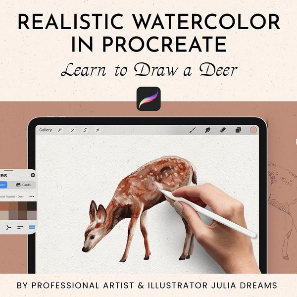 Realistic Watercolor in Procreate - Procreate Tutorial Watercolor Deer - Drawing Video Watercolor Course - Procreate Brushes - How to Draw