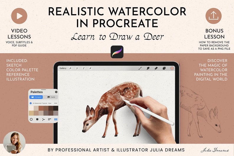 Realistic Watercolor in Procreate Procreate Tutorial Watercolor Deer Drawing Video Watercolor Course Procreate Brushes How to Draw 画像 1