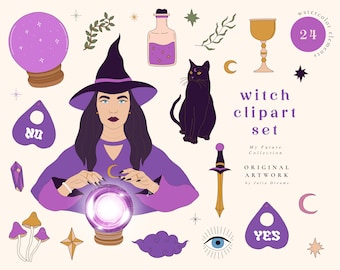Magic Witch Clipart Set - Instant Download - Vector Vrouw Illustratie - Individuele PNG - Logo Print - Occulte Heksen Tattoos Zwarte Kat