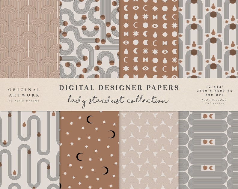 Puede incluir: Conjunto de 8 dise&ntilde;os de papel digital con patrones geom&eacute;tricos en tonos marrones, grises y blancos. Los patrones incluyen estrellas, lunas y otros elementos celestes. El texto "lady stardust collection" est&aacute; incluido en la imagen.
