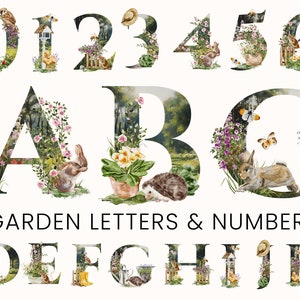 Aquarelle Jardin Alphabet Lettres Chiffres - Jardinage Animaux Plantes - Digital Clipart PNG - Baby Nursery - Invitations - Utilisation commerciale
