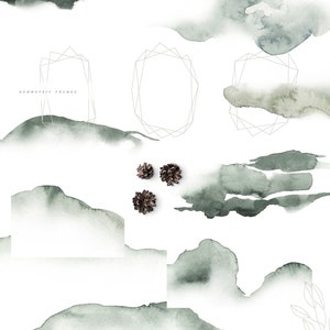 May include: A set of watercolor illustrations featuring green and gray abstract shapes, geometric frames, and pine cones. The text "FOREST MAGIC" is featured in the top right corner of the image.
