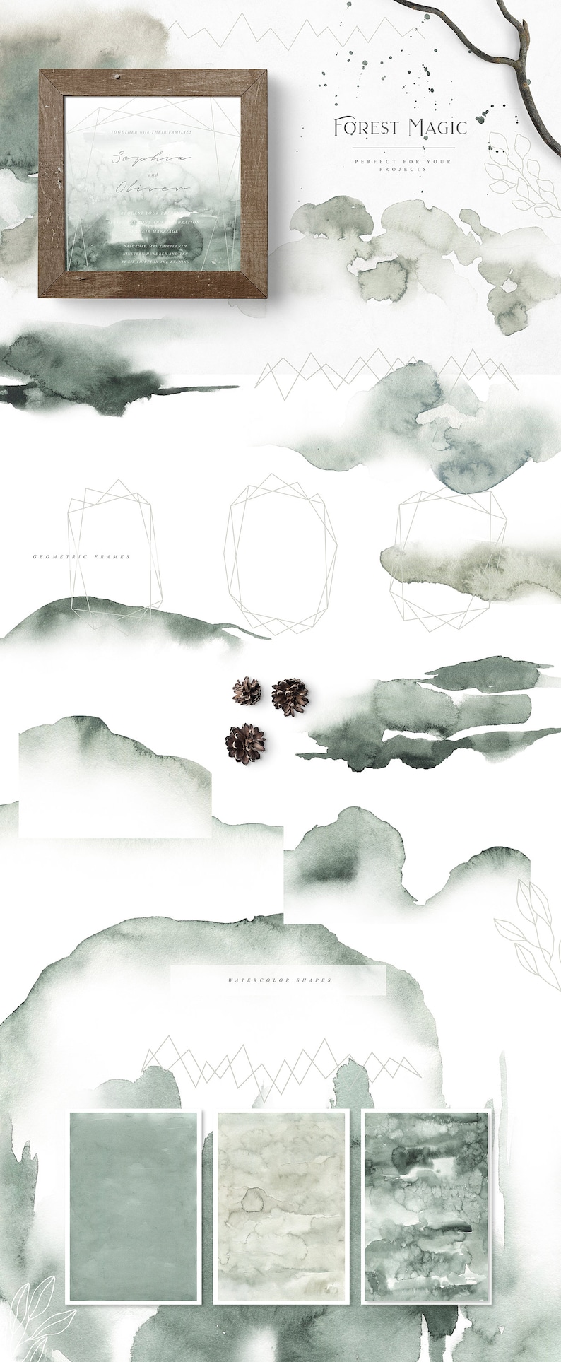 May include: A set of watercolor illustrations featuring green and gray abstract shapes, geometric frames, and pine cones. The text "FOREST MAGIC" is featured in the top right corner of the image.
