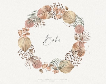 May include: Watercolor boho wreath clip art featuring dried palm leaves, pampas grass, and blush pink flowers. The wreath is perfect for adding a touch of bohemian style to your home decor.