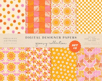 Groovy Smile Digital Papers - Commercial Use - Scrapbook Paper - Seamless Pattern - Designer Paper - Retro Happy Face 70s Flower Checkered