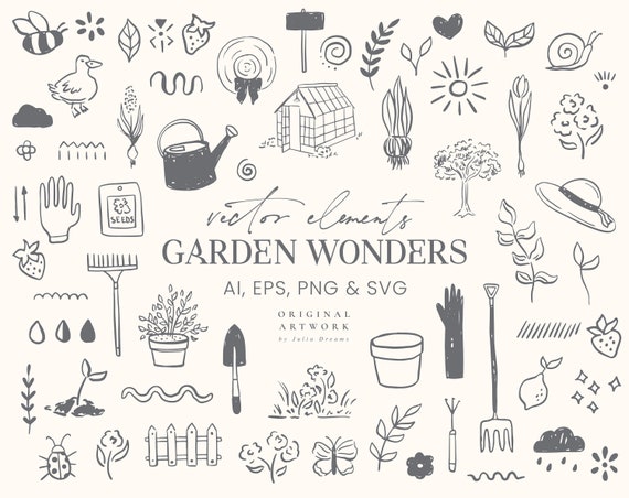 Garden Wonders Vector Clipart - Gardening SVG - Animals Tools PNG - Plants Clipart - Tree Flower Bee Floral - Summer Spring - Greenhouse