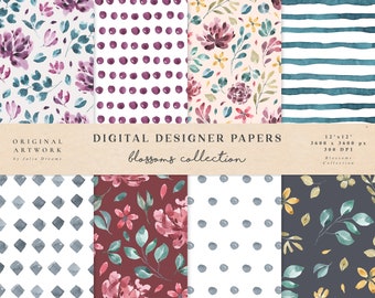 Papel digital floreciente - Papeles de álbum de recortes - Patrones sin costuras - Fondo digital - Juego de papel imprimible - Papel de planificador - Arte floral de flores