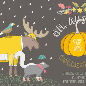 Cute Autumn Collection - Kids PNG - Children Boy and Girl Clipart - Baby Nursery - Cute Animals Bunny Moose Racoon Bear - Digital Papers