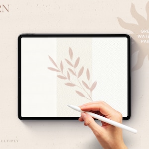 Peut inclure: Une tablette num&eacute;rique affichant une texture de papier num&eacute;rique avec un d&eacute;licat motif de feuilles brunes. Le texte "MODERN PAPER KIT" est en haut de l'image. Le texte "GREAT FOR WATERCOLOR PAINTINGS" est en haut &agrave; droite de l'image. Le texte "BLEND MODE: MULTIPLY OPACITY: 100%" est en bas &agrave; gauche de l'image. Le texte "JOLLA DREAMS DESIGN" est en bas &agrave; droite de l'image.