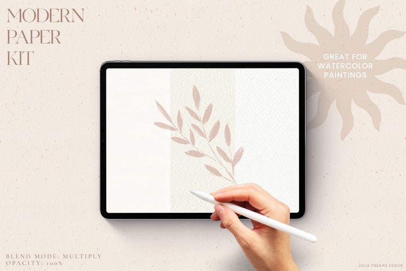 Peut inclure: Une tablette num&eacute;rique affichant une texture de papier num&eacute;rique avec un d&eacute;licat motif de feuilles brunes. Le texte "MODERN PAPER KIT" est en haut de l'image. Le texte "GREAT FOR WATERCOLOR PAINTINGS" est en haut &agrave; droite de l'image. Le texte "BLEND MODE: MULTIPLY OPACITY: 100%" est en bas &agrave; gauche de l'image. Le texte "JOLLA DREAMS DESIGN" est en bas &agrave; droite de l'image.