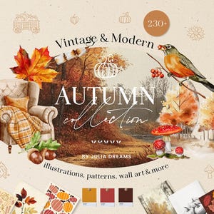 Conjunto de imágenes prediseñadas digitales de acuarela Serenity Autumn - Elementos florales - Animales de acuarela - Árbol rústico Hoja de otoño acogedora Descargar documentos digitales