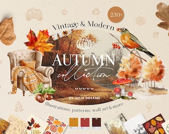 Autumn Serenity Watercolor Digital Clipart Set - Flower Elements - Watercolor Animals - Rustic Tree Cozy Fall Leaf Download Digital Papers