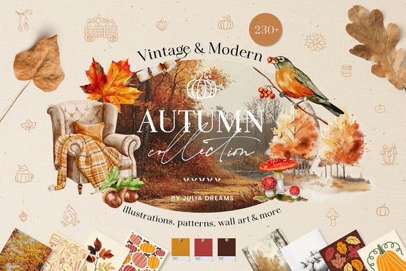 Autumn Serenity Watercolor Digital Clipart Set - Flower Elements - Watercolor Animals - Rustic Tree Cozy Fall Leaf Download Digital Papers
