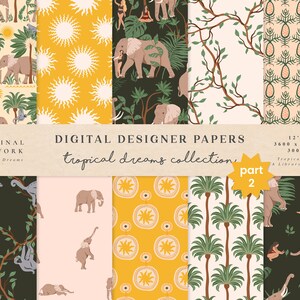 Tropical Dreams Digital Papers 2 - Uso commerciale - Scrapbook Paper - Seamless Pattern - Designer Paper - Elephant Woman Monkey - Palm Tree