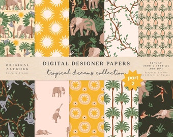 Tropical Dreams Digital Papers 2 - Commercial Use - Scrapbook Paper - Seamless Pattern - Designer Paper - Elephant Woman Monkey - Palm Tree