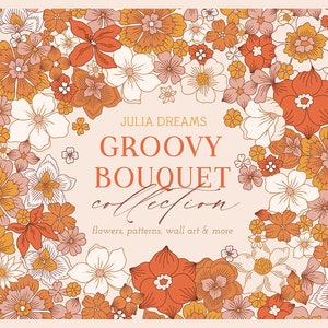 May include: A digital illustration of a groovy bouquet collection with flowers, patterns, wall art and more. The image features a background of orange, yellow, and white flowers.