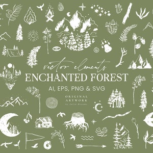 Enchanted Forest Vector Clipart - Mountain Forest SVG - Outdoors Adventure PNG - Camping Clipart - Woodland Tree Mushroom Moon Silhouette