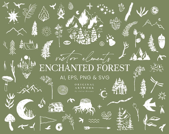Enchanted Forest Vector Clipart - Mountain Forest SVG - Outdoors Adventure PNG - Camping Clipart - Woodland Tree Mushroom Moon Silhouette