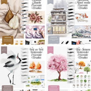 Peut inclure: Quatre ensembles de pinceaux Procreate pour l'art num&eacute;rique. Les ensembles comprennent des pinceaux r&eacute;alistes &agrave; la gouache, des pinceaux mixtes pour carnet de croquis, des pinceaux &agrave; l'aquarelle humides sur humides et des pinceaux &agrave; l'aquarelle des quatre saisons. Chaque ensemble pr&eacute;sente une vari&eacute;t&eacute; de traits de pinceau et de textures.