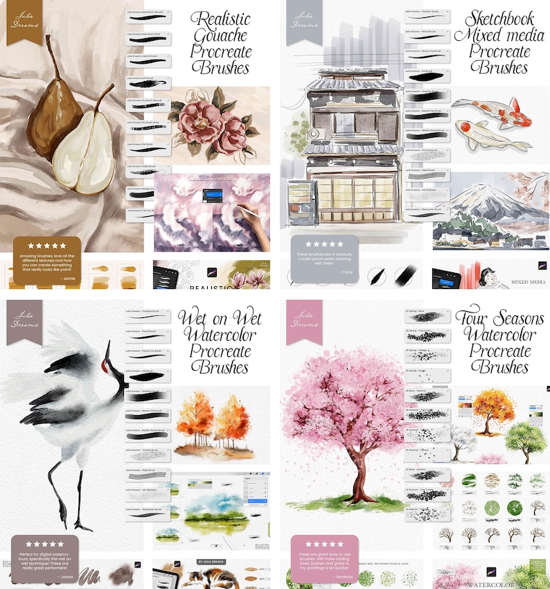 Peut inclure: Quatre ensembles de pinceaux Procreate pour l'art num&eacute;rique. Les ensembles comprennent des pinceaux r&eacute;alistes &agrave; la gouache, des pinceaux mixtes pour carnet de croquis, des pinceaux &agrave; l'aquarelle humides sur humides et des pinceaux &agrave; l'aquarelle des quatre saisons. Chaque ensemble pr&eacute;sente une vari&eacute;t&eacute; de traits de pinceau et de textures.