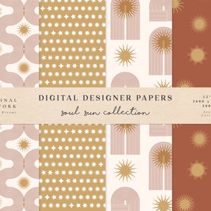 Peut inclure: Quatre motifs de papier numérique représentant un soleil et des formes géométriques dans une palette de couleurs chaudes. Les motifs comprennent un soleil avec une arche rose, un soleil avec un motif d'étoiles blanches, un soleil avec un motif d'étoiles brunes et un soleil sur fond rouge.