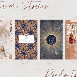 May include: Four Instagram Stories templates with a celestial theme. Designs include a coffee cup, a mandala, a sunburst with a "Sale 50%" graphic, and a woman sitting near a teepee. The words "Instagram Stories" appear at the bottom of each template.