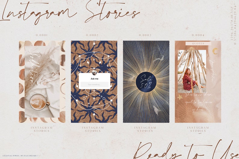 May include: Four Instagram Stories templates with a celestial theme. Designs include a coffee cup, a mandala, a sunburst with a "Sale 50%" graphic, and a woman sitting near a teepee. The words "Instagram Stories" appear at the bottom of each template.