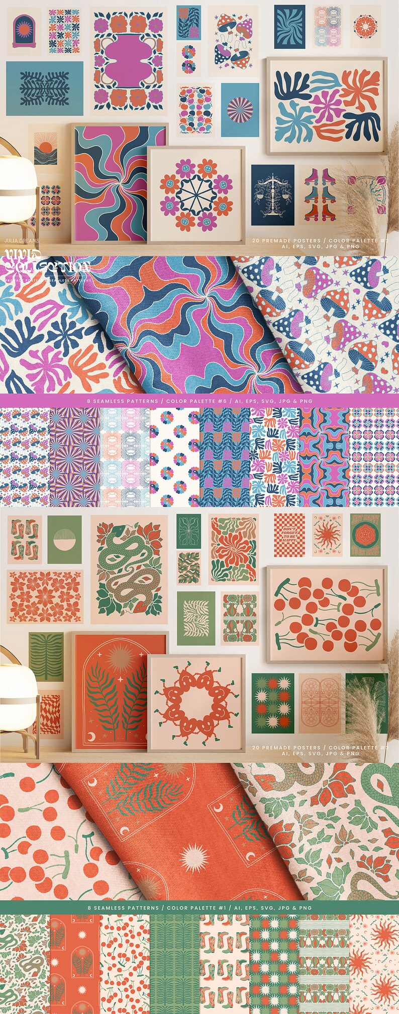 Vivid Posters Patterns Bundle - Boho 70s Logo Digital Clipart ...
