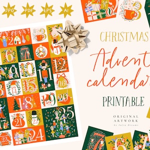 Calendario de Adviento Imprimible - Vacaciones de Invierno Navidad - Papá Noel - Cascanueces Clip Art - Arte mural - DIY Winter Festive Tag Cards - Flores