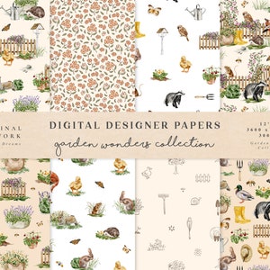 Garden Wonders Carta digitale per acquerello - Modelli senza cuciture per album di ritagli - Animali con sfondo digitale Asilo nido per bambini - Invito a nozze