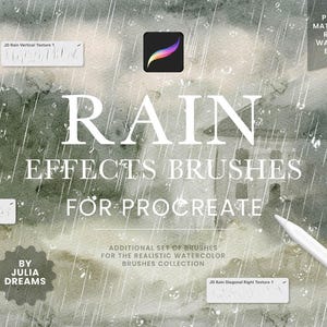 Op de afbeelding: Digitale afbeelding met de tekst "RAIN EFFECTS BRUSHES FOR PROCREATE" in het wit, tegen een aquarel achtergrond met een regeneffect. Inclusief het Procreate app-logo en de tekst "BY JULIA DREAMS".