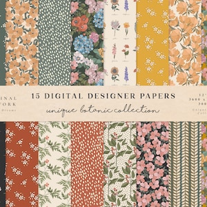 Unikalny zestaw papieru cyfrowego Botanic - Papier do scrapbookingu - Wzory bezszwowe - Tło cyfrowe - Zestaw papieru do druku - Kwiatowy ogród Vintage