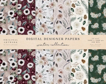 Digital Papers Winter Set - Scrapbook Papers - Seamless Patterns - Digital Background - Printable Paper Set - Watercolor Flowers Florals Art