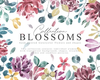 Blossoms Collection - Watercolor Digital Clipart - Individual PNG Files - Wedding - Hand Painted Graphic Set - Large Collection - Flowers