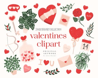 May include: A collection of Valentine's Day clipart featuring hearts, flowers, plants, a key, an arrow, a bottle filled with hearts, a candy heart, a love letter, a calendar with the number 14, a lollipop, a box of chocolates, a lipstick, a speech bubble with hearts, and the text "Sweetheart Collection Valentines Clipart Original Artwork by Julia Dreams I Love You XOXO KISS".
