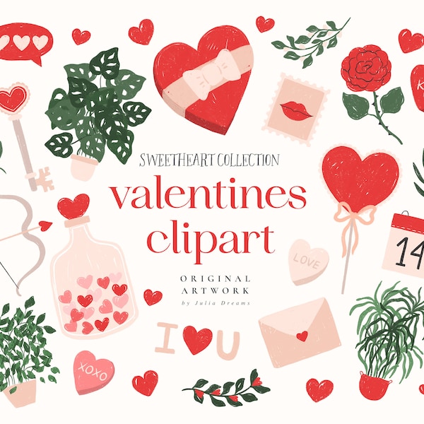 Valentines Digital Clipart Set - Sofort Download - Liebe - Herzen - Blume - Florale Elemente - Valentinstag Clip Art - Pflanzen Schlüsselkunst