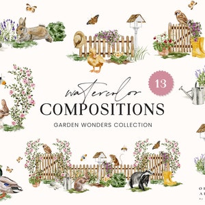 Maravilhas Do Jardim Composições Em Aquarela - Animais Fofos - Logotipo - Clipart De Berçário De Bebê - Cartão De Casamento - Clipart Digital PNG Coelho Raposa Pato