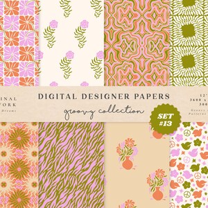 Peace Digital Papers - Commercial Use - Scrapbook Paper - Seamless Pattern - Designer Paper - Background - 70s Flower Vintage Tiger Print image 1