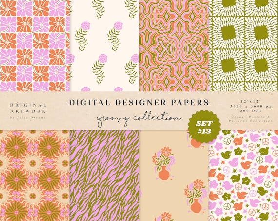 Peace Digital Papers - Commercial Use - Scrapbook Paper - Seamless Pattern - Designer Paper - Background - 70s Flower Vintage Tiger Print