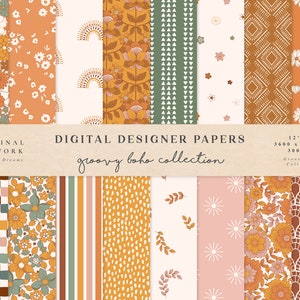 Groovy Boho Digital Papers - Commercial Use - Scrapbook Paper - Seamless Pattern - Hippie Designer Paper - Background - 70s Flower Vintage