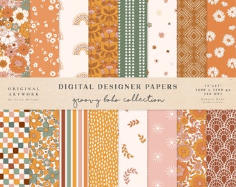 Groovy Boho Digital Papers - Commercial Use - Scrapbook Paper - Seamless Pattern - Hippie Designer Paper - Background - 70s Flower Vintage