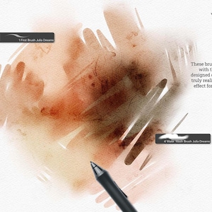 May include: A digital painting of a watercolor brush stroke on a canvas. The brush stroke is a mix of brown, orange, and yellow. The text "Canvas #1" is in the lower left corner of the image. The text "Realistic Watercolor Brushes for Clip Studio Paint" is in the upper right corner of the image. The text "These brushes, combined with the specially designed canvas, create a truly realistic watercolor effect for your artwork" is in the lower right corner of the image. The text "4 Water Wash Brush Julia Dreams" is in the lower right corner of the image. The text "1 First Brush Julia Dreams" is in the upper left corner of the image.