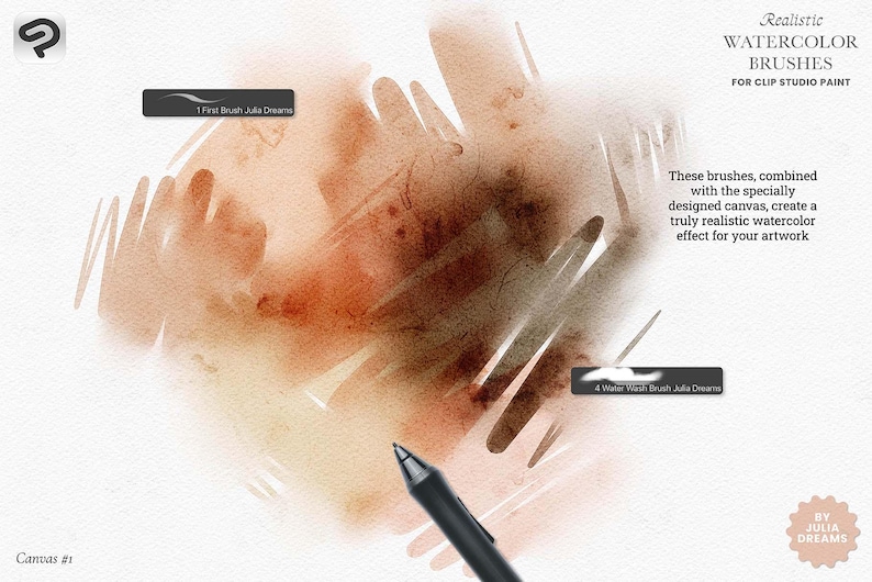 May include: A digital painting of a watercolor brush stroke on a canvas. The brush stroke is a mix of brown, orange, and yellow. The text "Canvas #1" is in the lower left corner of the image. The text "Realistic Watercolor Brushes for Clip Studio Paint" is in the upper right corner of the image. The text "These brushes, combined with the specially designed canvas, create a truly realistic watercolor effect for your artwork" is in the lower right corner of the image. The text "4 Water Wash Brush Julia Dreams" is in the lower right corner of the image. The text "1 First Brush Julia Dreams" is in the upper left corner of the image.