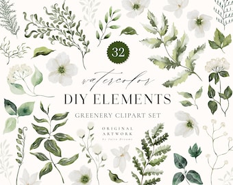 Greenery Watercolor Clipart Set - Green Leaves - Floral DIY Flowers - Modern Wedding Invitation Card Design - Digital PNG Clipart Leaf Art