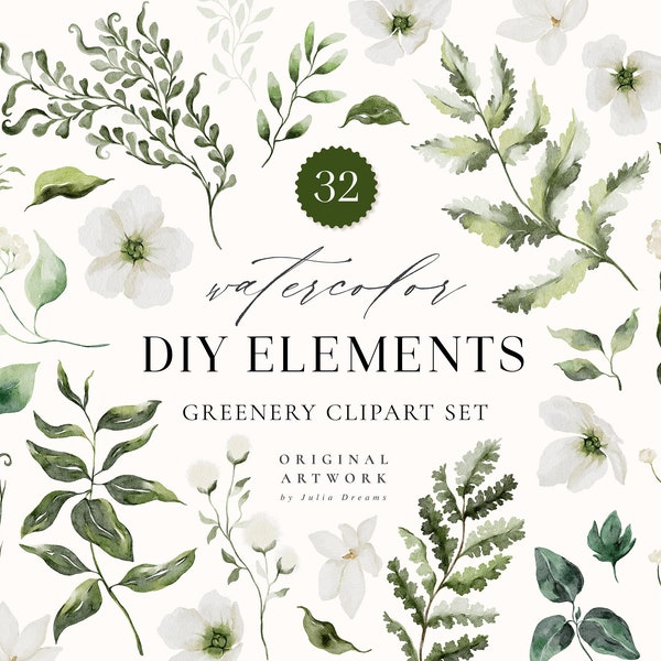 Greenery Watercolor Clipart Set - Green Leaves - Floral DIY Flowers - Modern Wedding Invitation Card Design - Digital PNG Clipart Leaf Art