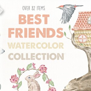 Best Friends Acuarela Clipart - Acuarela Vivero Pastel - Oso Polar Panda Oso Pardo - Conejo Pingüino - Bebé Niño Niña Clipart - Animales