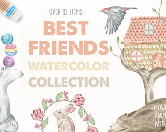 May include: Watercolor illustration set featuring over 82 items, including flowers, animals, and patterns. The set includes a polar bear, a rabbit, a bear, a bird, and a treehouse. The text "Best Friends Watercolor Collection" is displayed on the image.