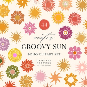 Retro Groovy Sun Digital Clipart Set - 70&#39;s Clipart - Retro Hippie Art - Psychedelic art - Boho - Individual PNG Files Logo Elements Flower